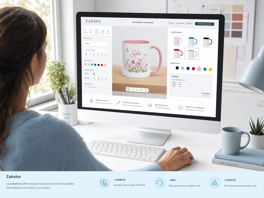 Cliente personalizza una tazza in un configuratore online con anteprima dinamica.