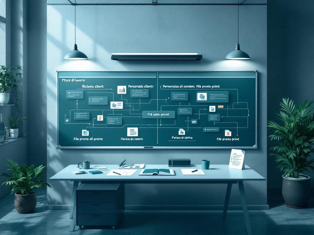 Sequenza richiesta cliente, personalizzazione e file pronto stampa su lavagna operativa