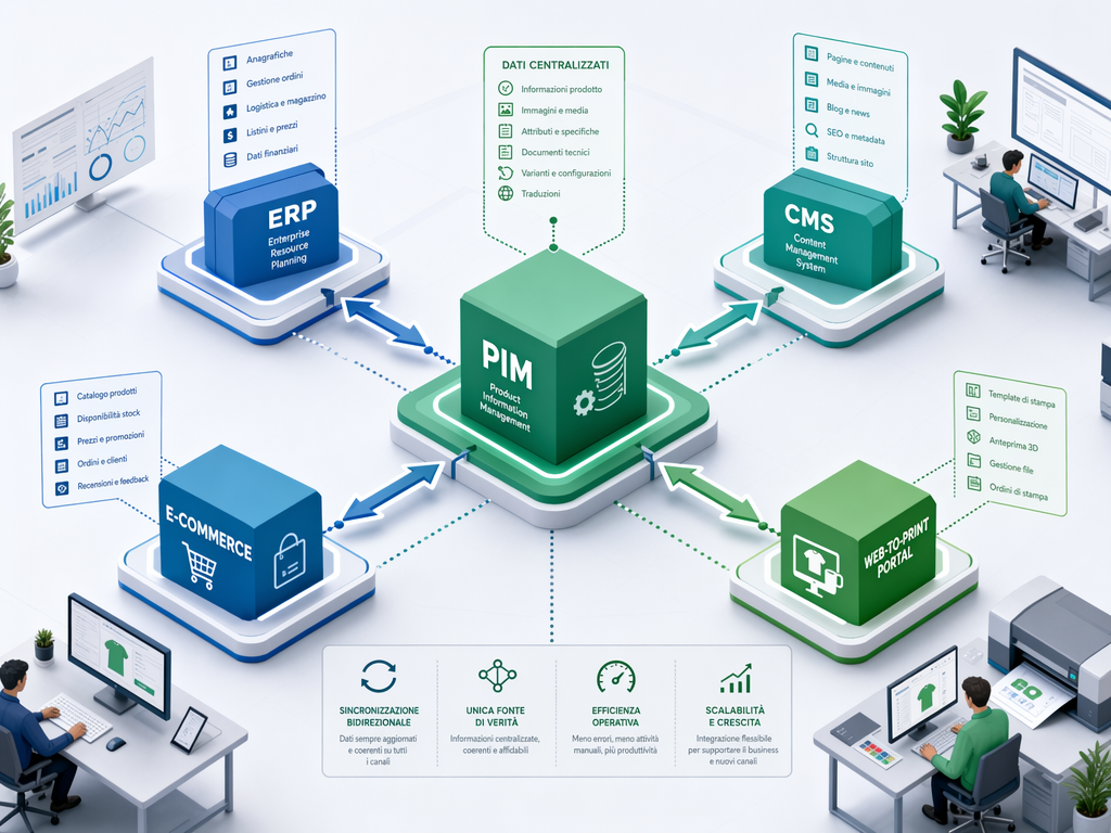 Integrazione tra ERP, CMS, e-commerce, PIM e web-to-print