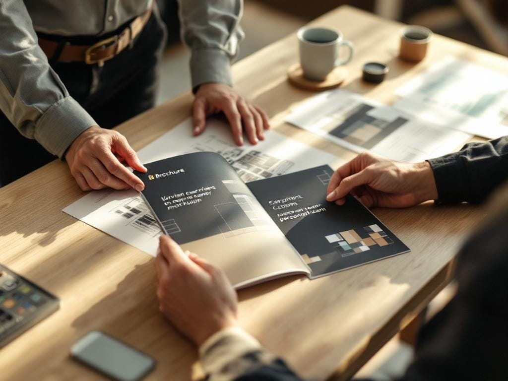 Team che valuta un mockup di brochure con varianti personalizzate.