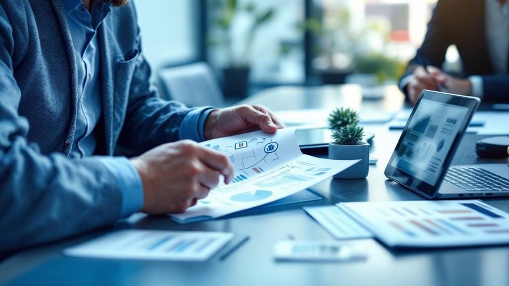 Responsabile marketing che confronta brochure personalizzate per più sedi in un flusso just-in-time