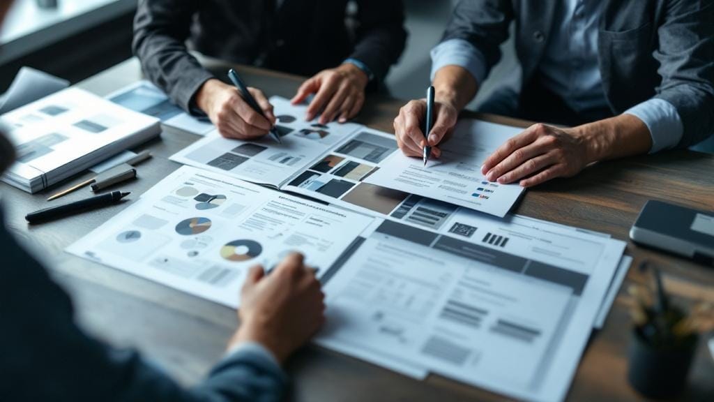 Responsabile marketing e tipografo valutano un catalogo con molte varianti e un foglio di approvazione.