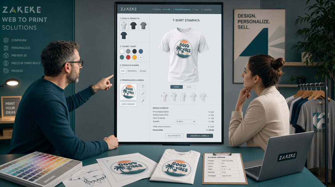 Tipografia e e-commerce manager valutano un configuratore Zakeke per prodotti stampati personalizzati.