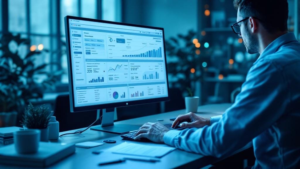Imprenditore che analizza la redditività di un portale stampa B2B su dashboard e campioni prodotto.