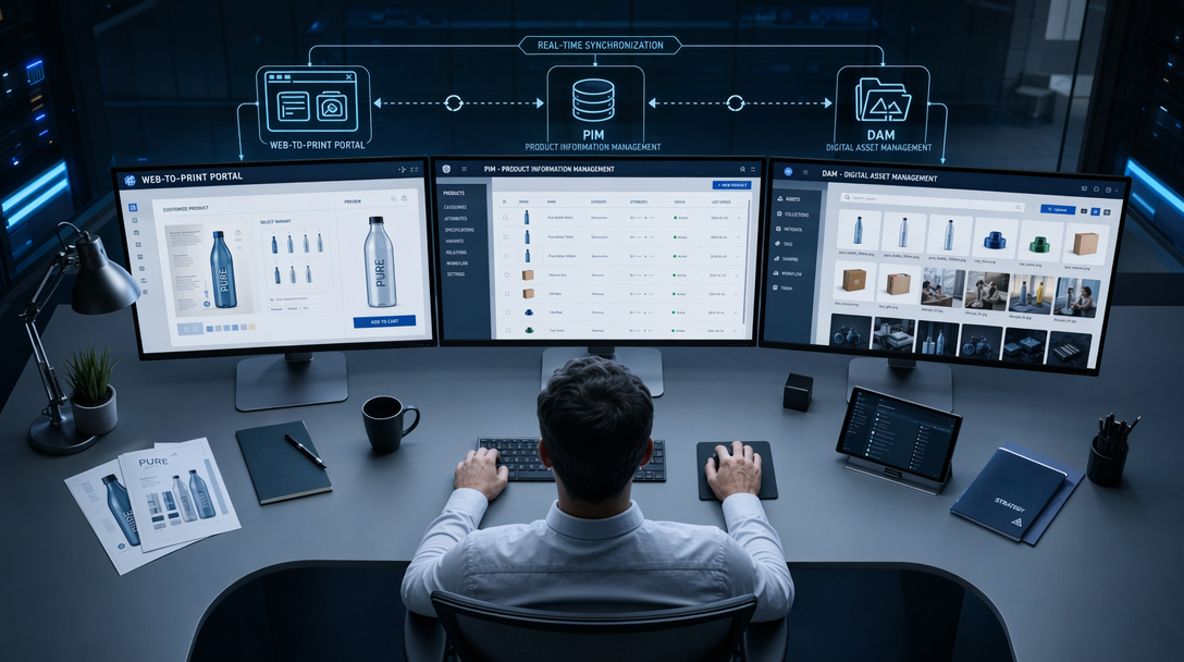 Integrazione web to print PIM DAM con portale, PIM e DAM sincronizzati