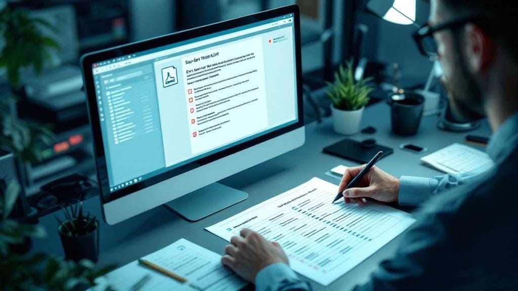 Responsabile di tipografia controlla un report di preflight automatico con errori evidenziati su un file PDF