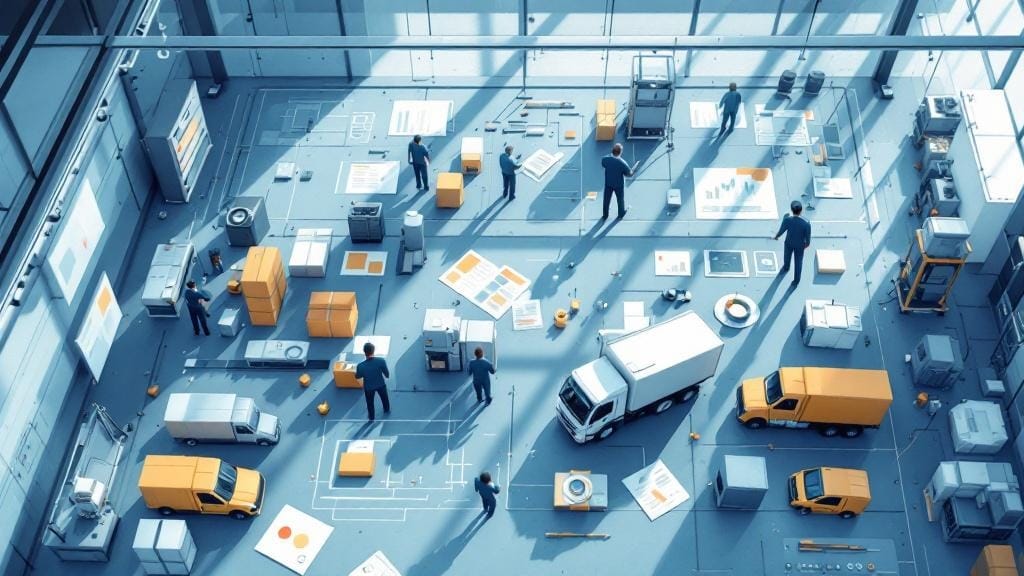 Lavagna con il workflow just in time stampa dal caricamento asset alla spedizione